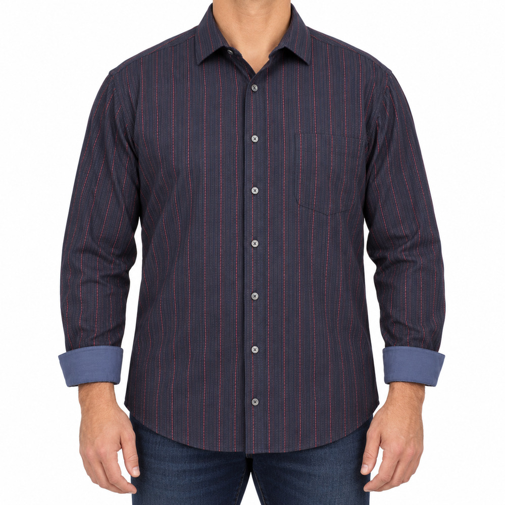Bugatchi Shirt Mens XL Blue Stripe Cotton Flip Cuffs Long Sleeve Button-Up